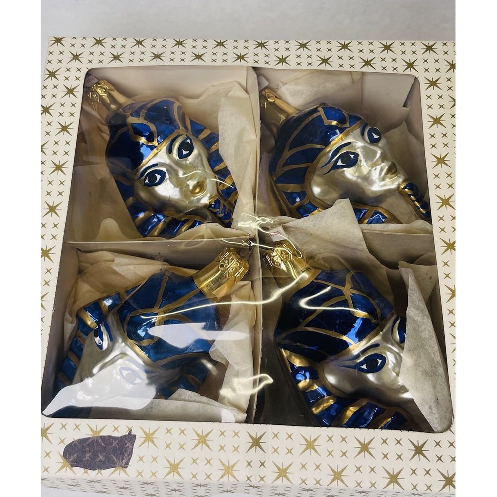 4 VTG Egyptian Pharaoh Ornaments Poland Handblown Glass Christmas 5" in Box